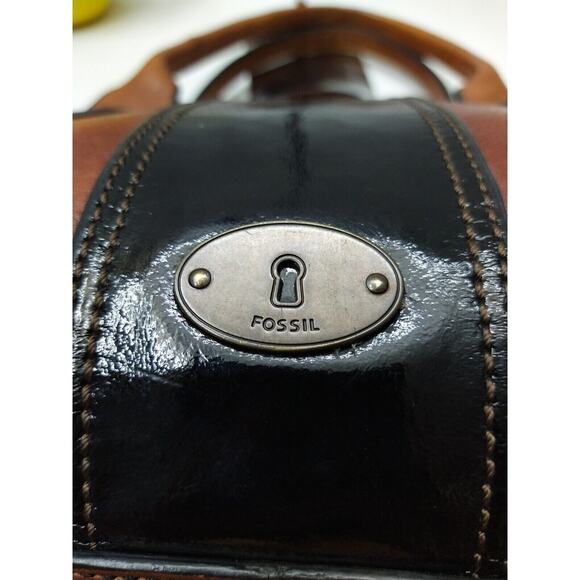 Fossil Maddox Brown Leather Black Stripe Zipper Satchel Shoulder Bag - Picture 4 of 10